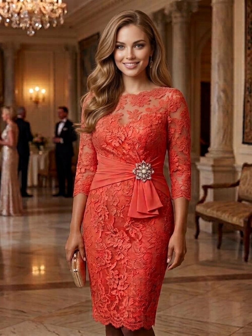 NWT Rickie Freeman Teri Jon Coral Floral Lace Sheath Dress Brooch Accent Size 12